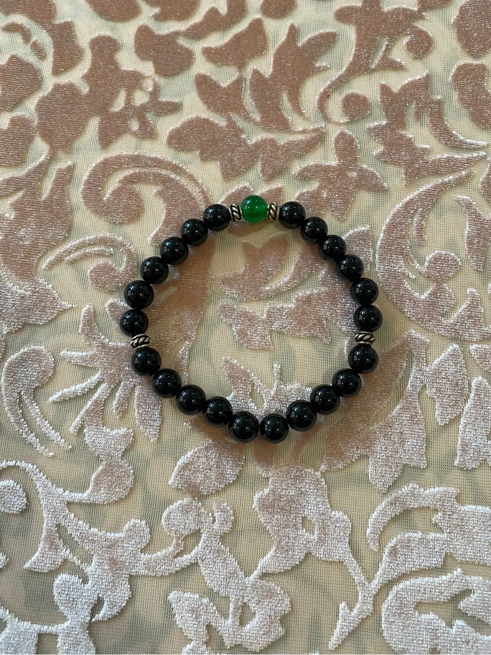 Vintage Black Beaded Stretch Bracelet with Emerald Accent Stone